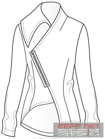 a line drawing of a women's jacket with an asymmetric zipper and a distinctive collar. the jacket features long sleeves and a unique design with an angled zipper closure.