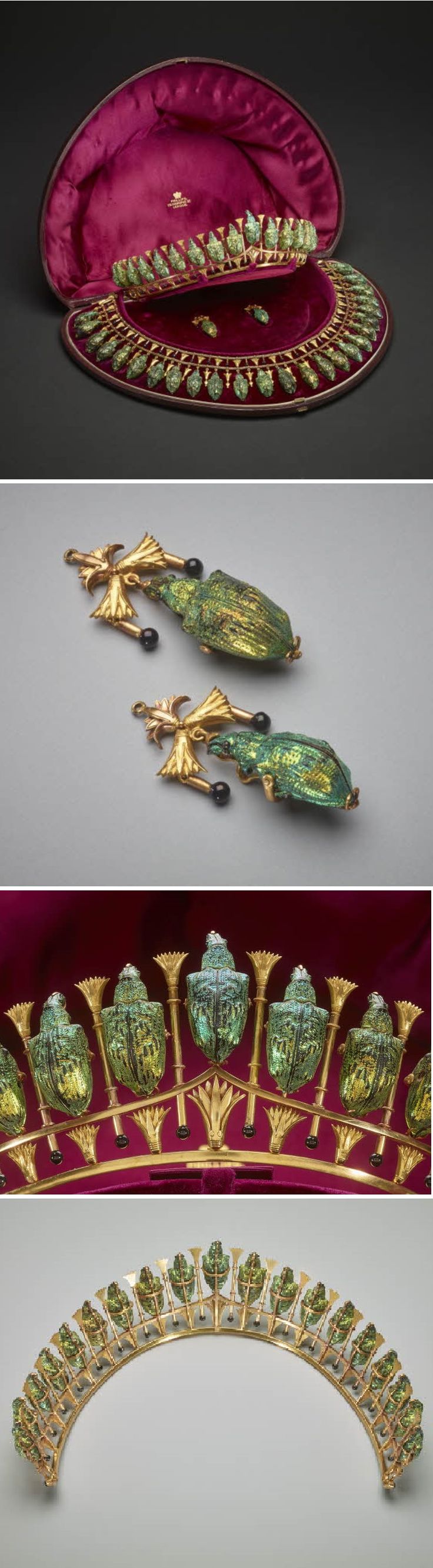 the image shows a set of jewelry consisting of a tiara, necklace, and earrings in an egyptian revival style. the jewelry is adorned with gold and green stones shaped like scarabs. the tiara and necklace are presented in a velvetlined box. a pair of earrings are also featured in the image.