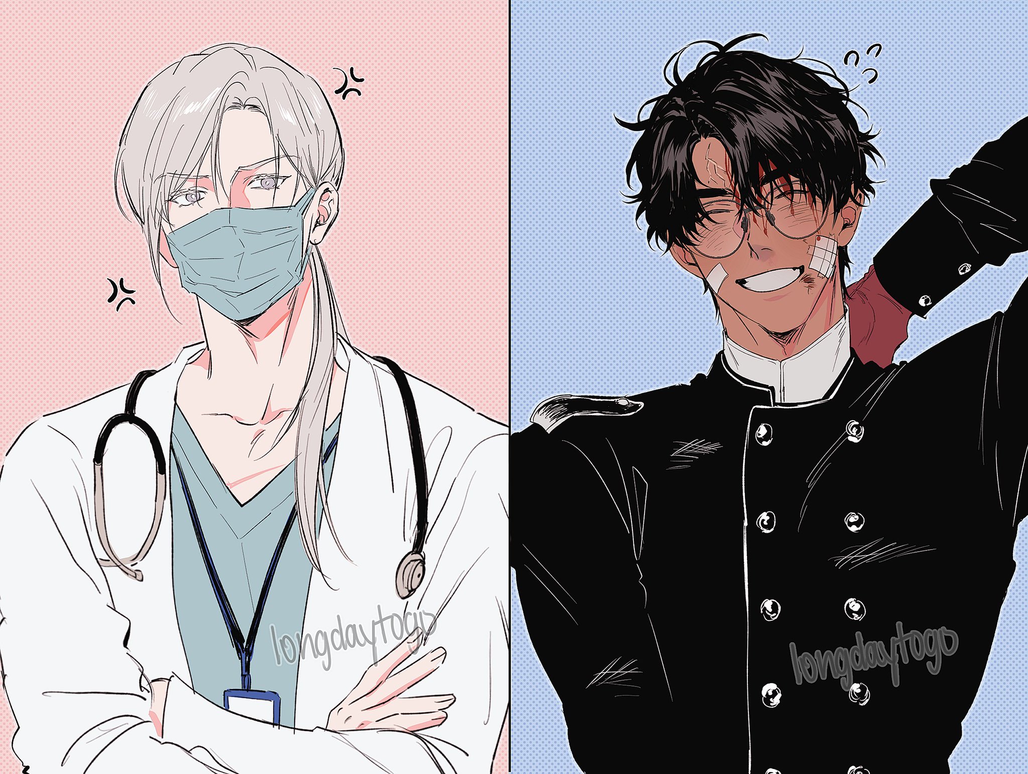 the image is a digital drawing, likely fanart, showcasing two distinct male characters in contrasting styles and settings.  the left side features a lightskinned man with long silver hair, wearing a doctor's white coat and a protective face mask. he appears angry or annoyed, indicated by small angry symbols near his head. the right side depicts a darkerskinned man with shorter dark hair, sporting glasses and bandages on his face. he's dressed in a dark militarystyle uniform, and seems more relaxed or even smug.  both characters are depicted in a stylized anime/manga style with clean lines and soft shading.  the background is split between a pastel pink and pastel blue, further emphasizing the contrast between the two characters. the artist's signature, "longdaytogo", is subtly included on both sides of the image.