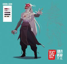 a digital illustration of a character named shinzen, set against a blue backdrop. the character, likely inspired by kung fu themes, is depicted in a dynamic pose, suggesting agility and power. he wears a red demon mask and his attire, primarily black and white, flows around him, emphasizing movement. a color palette guide is positioned in the topleft corner.