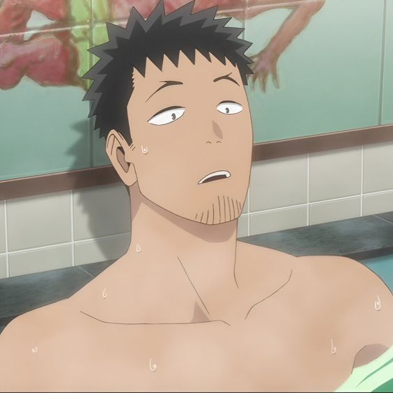 a closeup image of an adult male anime character relaxing in a bath. he appears to be deep in thought, his expression a mix of contemplation and fatigue. sweat beads on his skin, suggesting he may have just come from a strenuous activity. the setting is a simple bathroom with white tiles and a glimpse of an anatomical chart in the background.