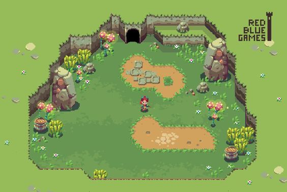 the image is of a pixel art game asset. the topdown perspective shows a small grassy area surrounded by a brokendown rock wall. the grass is a lighter green and the path is a slightly darker green. there are a handful of trees and flowers around the grassy area. there is a small person standing on the path. there are some rocks in the grassy area. there is a dungeon entrance at the top of the grassy area. the wall is a gray color. the background is a solid light green color. the image has a bright and cheerful atmosphere.