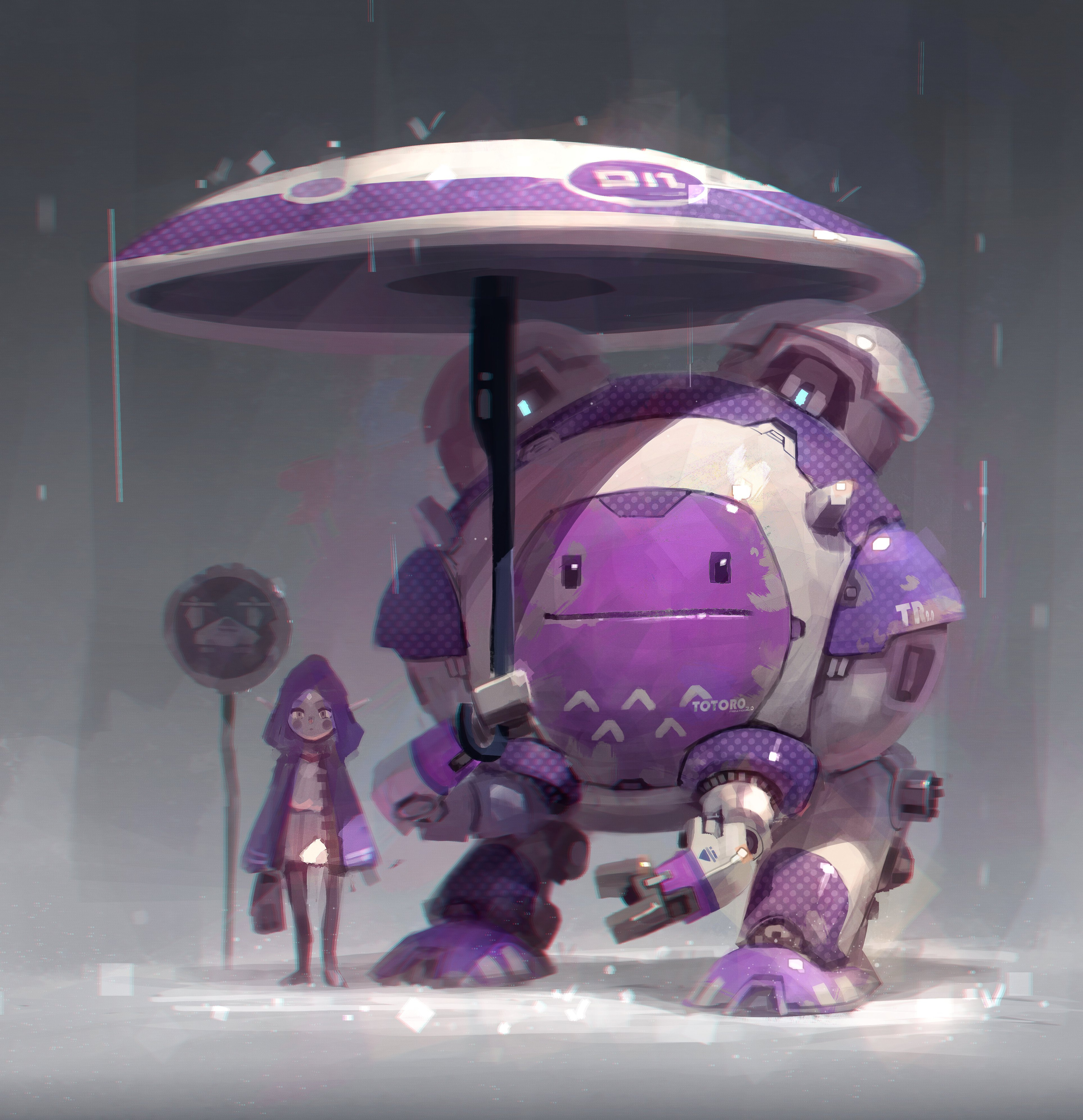 a cartoonish, cute robot wearing a purple mech suit stands under a purple and white umbrella with a small, chibi girl standing next to it. the background is a grey, misty and rainy setting. the robot is in a pose as if to protect the girl from the rain. the image is done in a digital art style with bold colours and cartoonlike shapes.