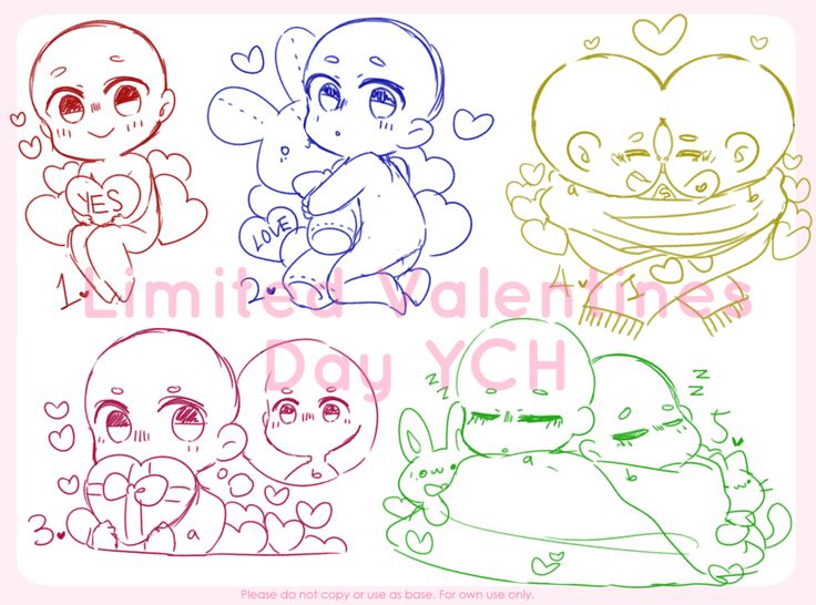 this image contains 4 sketches of chibi characters, drawn in a simple style and meant to be used as a base for other artwork. all 4 sketches involve hearts, plushes, and romantic themes.  the title, "limited valentines ych", implies the image is part of a specific art trade.