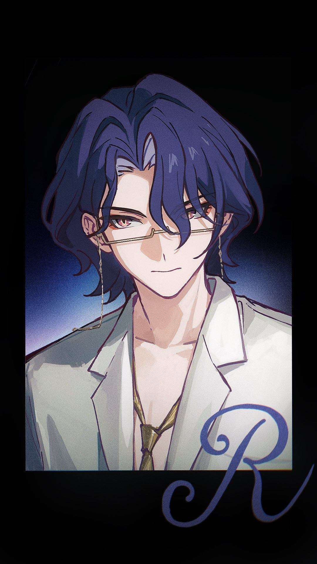 a portrait of an animestyle male with blue hair, wearing glasses attached with a chain, a white suit, and a tie. there is a letter r in the bottom right corner.