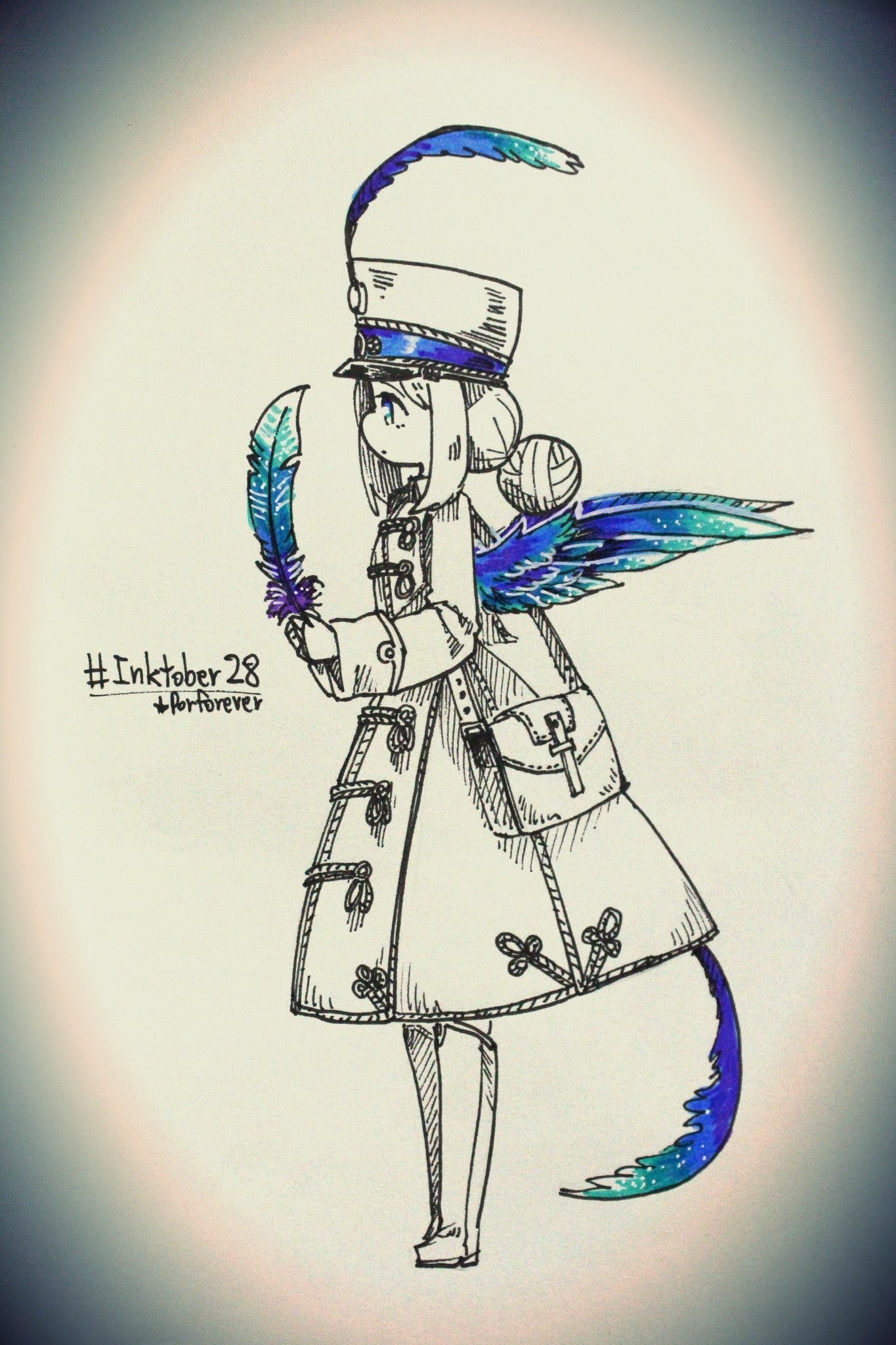 a black and white ink drawing of a girl with wings and a feather. the girl is wearing a long coat and a hat with a feather. she is holding a feather in her hand. the wings and the feather are colored with blue and purple. the image is titled "inktober 28 #artforever".