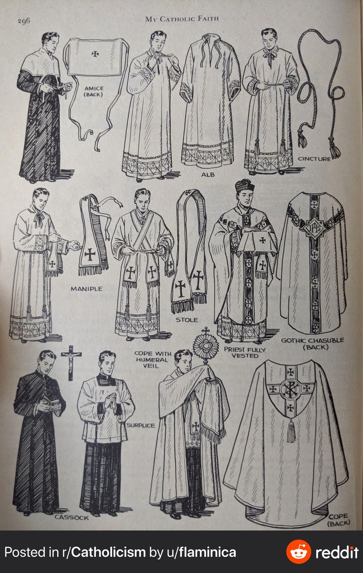 this image is from an old book about catholic religious garments. it depicts the different pieces of clothing worn by priests for different liturgical purposes, from front and back views. some of the garments include a cassock, a surplice, a chasuble, a cope, a stole, an alb, a maniple, an amice, and a cincture. the image also shows how the different garments are combined and worn together.