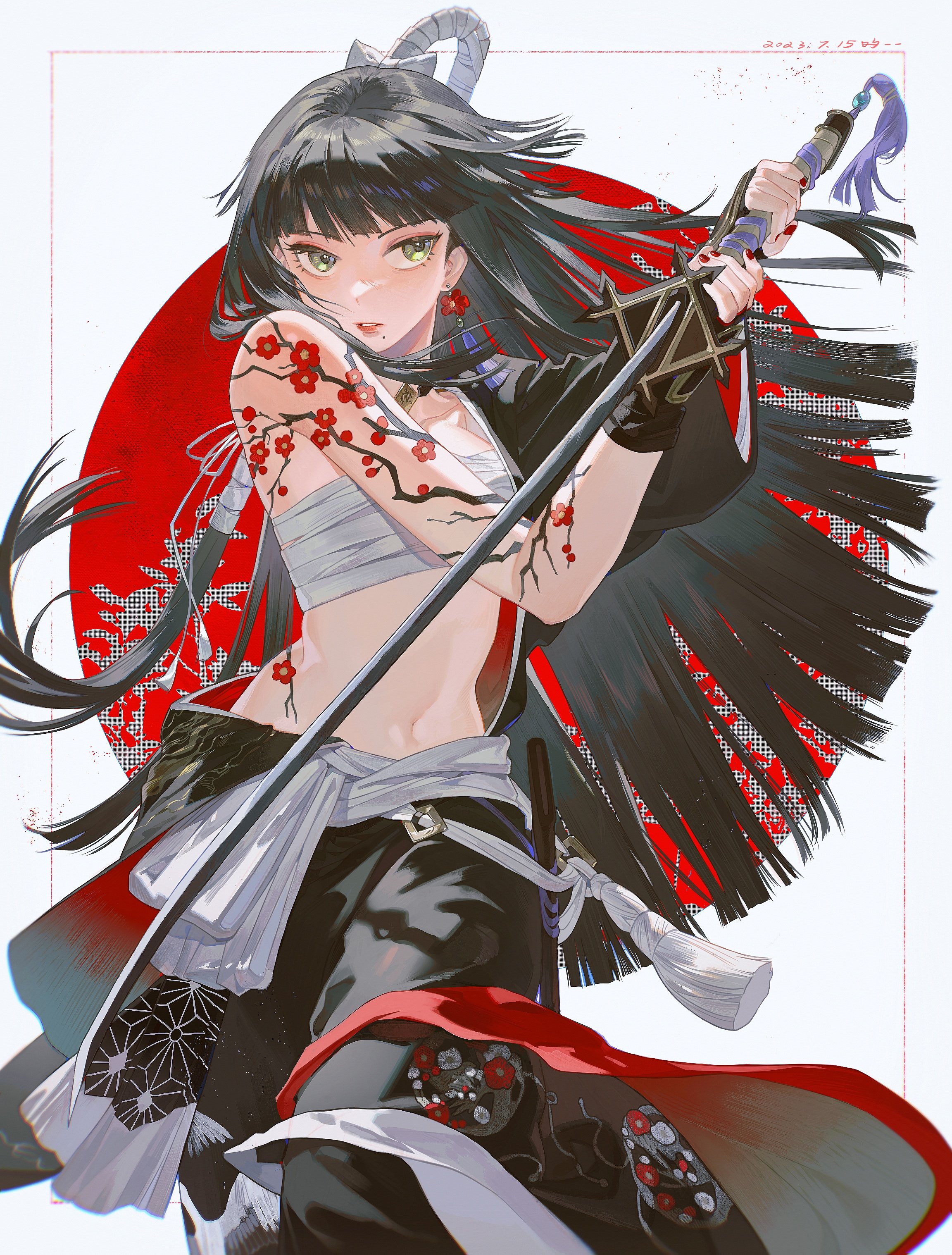 an anime girl with long black hair, green eyes, and a cherry blossom tattoo on her arm, is dressed in a black and red samurai outfit. she holds a katana sword in her right hand. the background is a red circle. the girl is looking at the viewer with a serious expression.