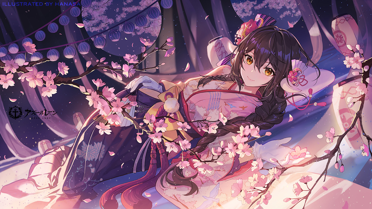 the image is a beautiful animestyle illustration of a young woman with long brown hair styled in a braid, wearing a pink and purple kimono adorned with cherry blossoms. she is lying down amidst a blossoming sakura tree, with lanterns illuminating the scene at night. the art style is delicate and dreamy, with soft colors and a peaceful atmosphere.  the artwork is credited to hanasa and features the azur lane logo.