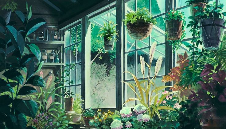 the image is a painting of a greenhouse. the greenhouse is full of plants and flowers. there are many different types of plants and flowers, and they are all different colors. the greenhouse has large windows that let in a lot of natural light. the image is very peaceful and serene.