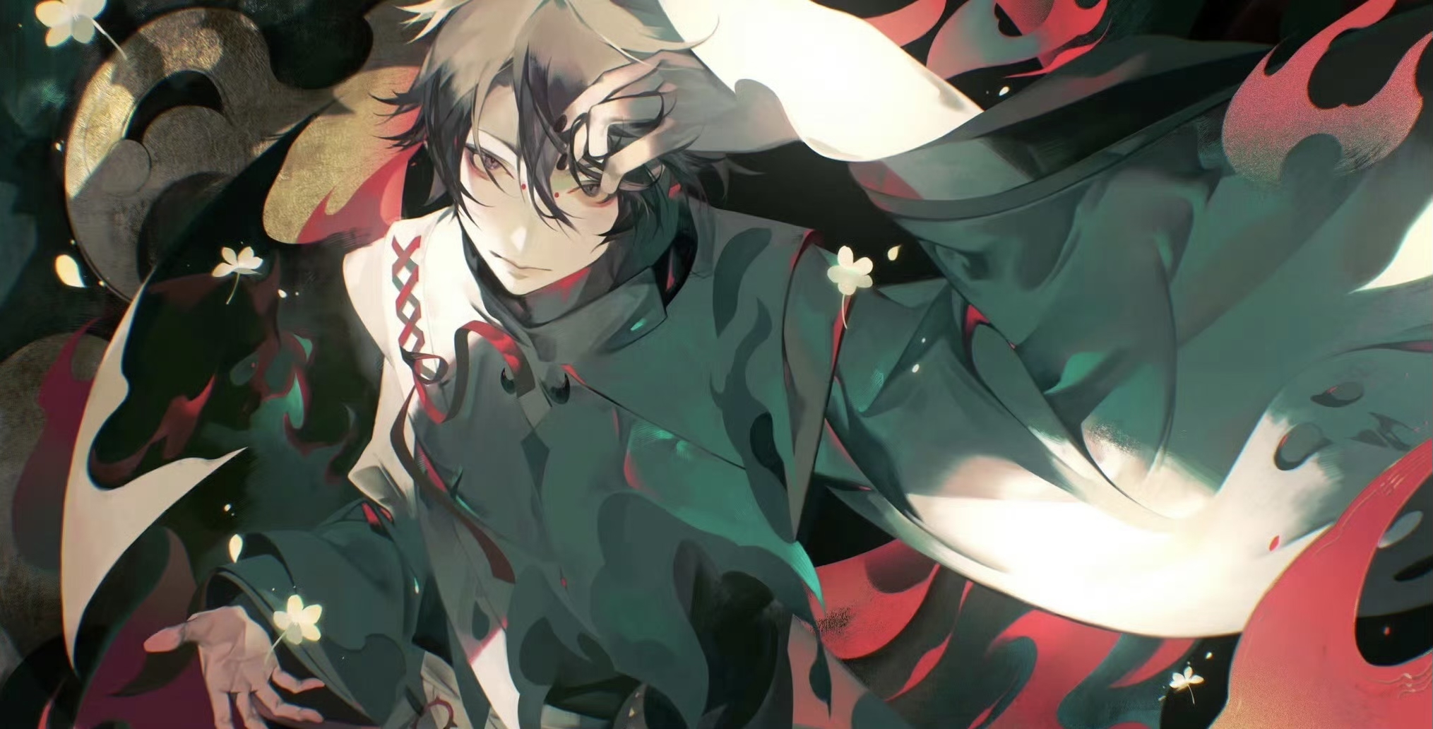 a digital painting of an anime character with long dark hair, wearing green and white clothing. they have their right hand over their right eye and they're looking straight at the viewer. there are floating white flowers scattered around them, and the background is a swirl of red and green colors.