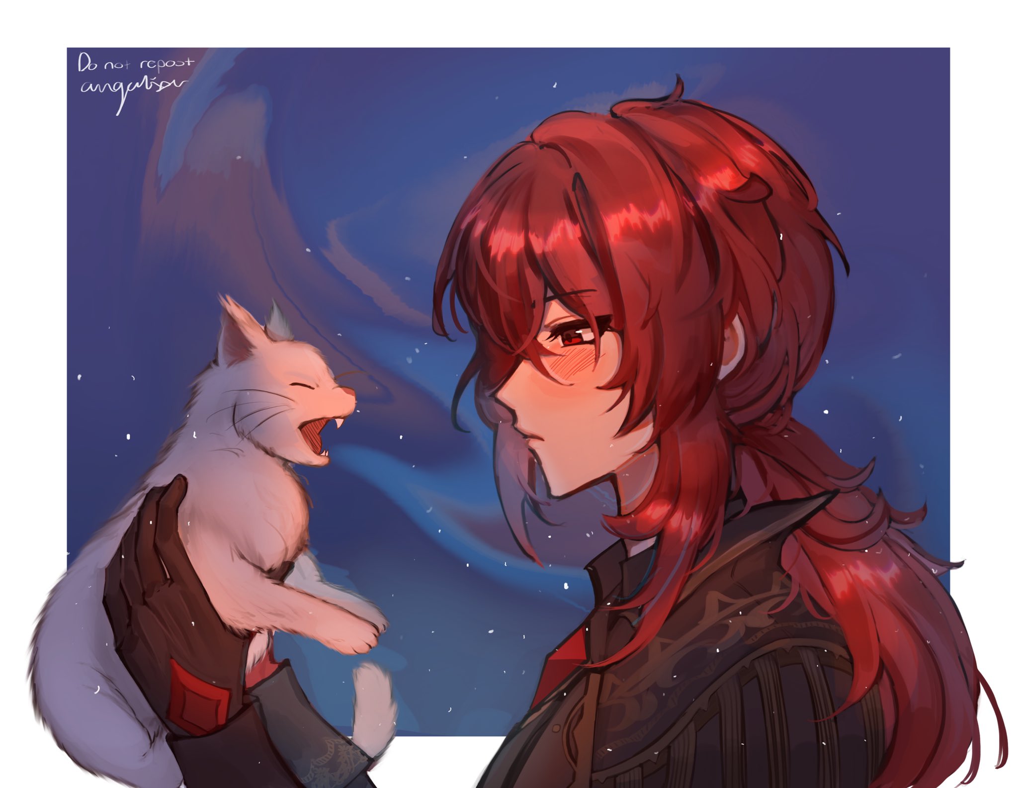 a digital illustration of an anime character with long red hair and a white cat. the character is smiling and holding the cat in their hands. the background is a starry night sky with a soft blue glow. the cat is looking up at the character with a happy expression. the illustration is filled with a sense of warmth and joy.