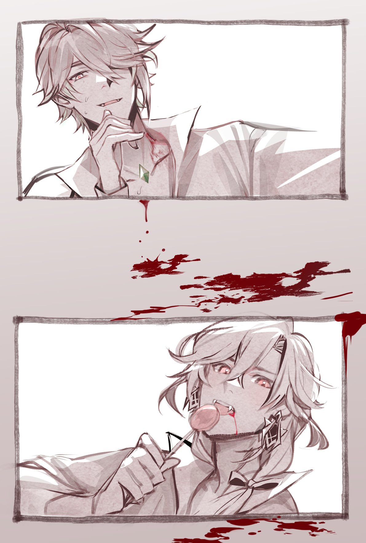 the image is a black and white digital art piece. it features two animestyled portraits of men, one above the other. they appear to be the same person, as they share the same facial features and hair.  the man on the top is smiling, and his smile seems almost sinister,  his mouth is stained with blood. there is blood dripping down from where the bottom of his mouth is. the man on the bottom of the image is also smiling. there is blood running down his chin, and he is licking a lollipop. the image has an ominous, even gothic, quality to it. this is enhanced by the black and white colors, the bloody details, and the creepy expression of the men in the image.