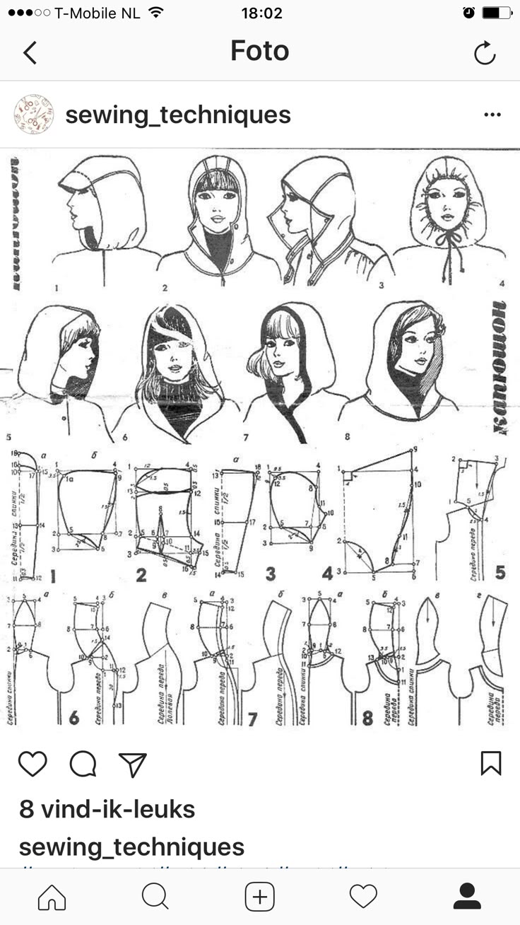 the image shows various sewing techniques for making different types of hoods. there are illustrations of women wearing the hoods, along with diagrams showing how to cut and sew the fabric pieces together. the diagrams include measurements and instructions.