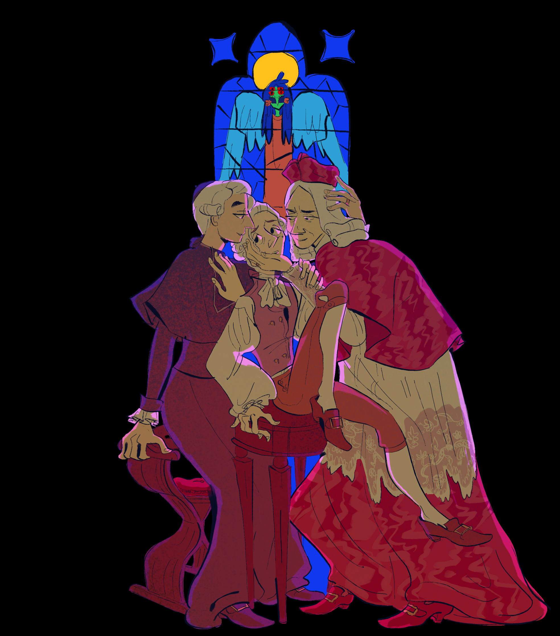 illustration of three men in historical clothing, likely from the 18th century, standing in front of a stained glass window. one man sits on a small stool, with one man on each side, embracing him. the color palette is dominated by reds and blues.
