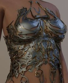 this is a closeup image of a woman wearing an intricate metal bodice. the bodice is silver with gold accents and features a complex design of swirls, curves, and cutouts. the woman's skin is visible through the gaps in the metalwork. the lighting is soft and natural, highlighting the details of the bodice. the overall effect is both beautiful and powerful.