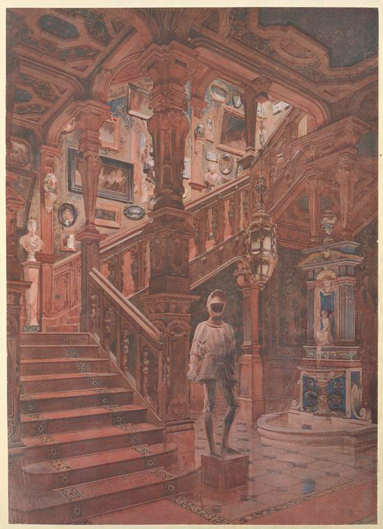 the image shows an ornate staircase inside a mansion, likely of historical significance. the scene is rich with architectural details, featuring heavy wooden columns, intricate railings, and a decorated ceiling. paintings and busts adorn the walls, contributing to the classical and vintage atmosphere. an armor statue stands near the stairs, and a water fountain is located in the background, adding to the grandeur of the interior. a chandelier hangs from above, providing light and further enhancing the opulent design of the space. the flooring is tiled, and the overall color scheme is dominated by warm tones of red and brown.