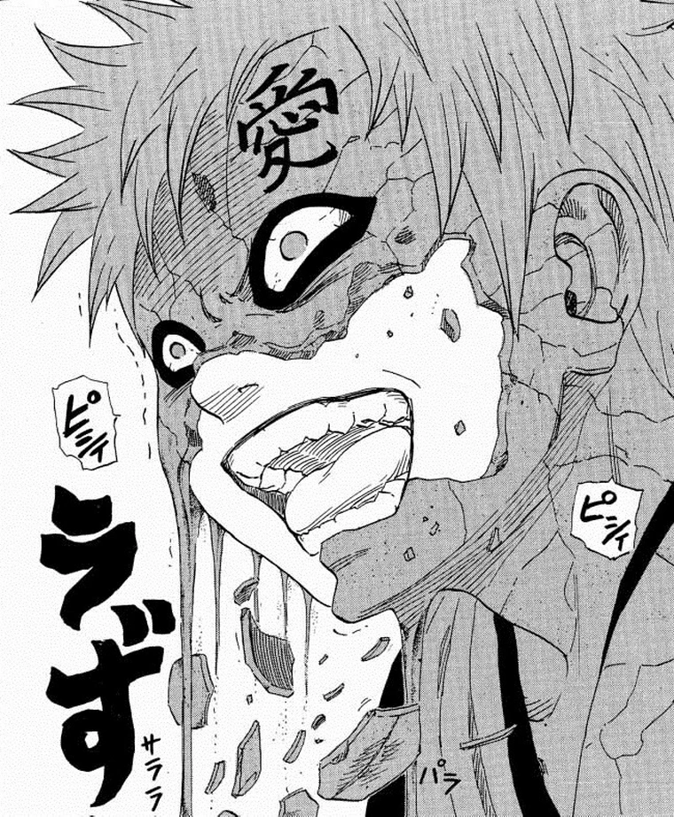 the image is a black and white manga drawing of a young man named gaara, who is partially transformed into his demon form shukaku.  the demon is known for its sand manipulation abilities.  he is in the middle of a pained transformation, with his face cracking and peeling, and jagged teeth bared in a grimace.  the kanji for 'love' is visible on his forehead.  there are japanese sound effects, which are common in manga to denote action, surrounding his head.