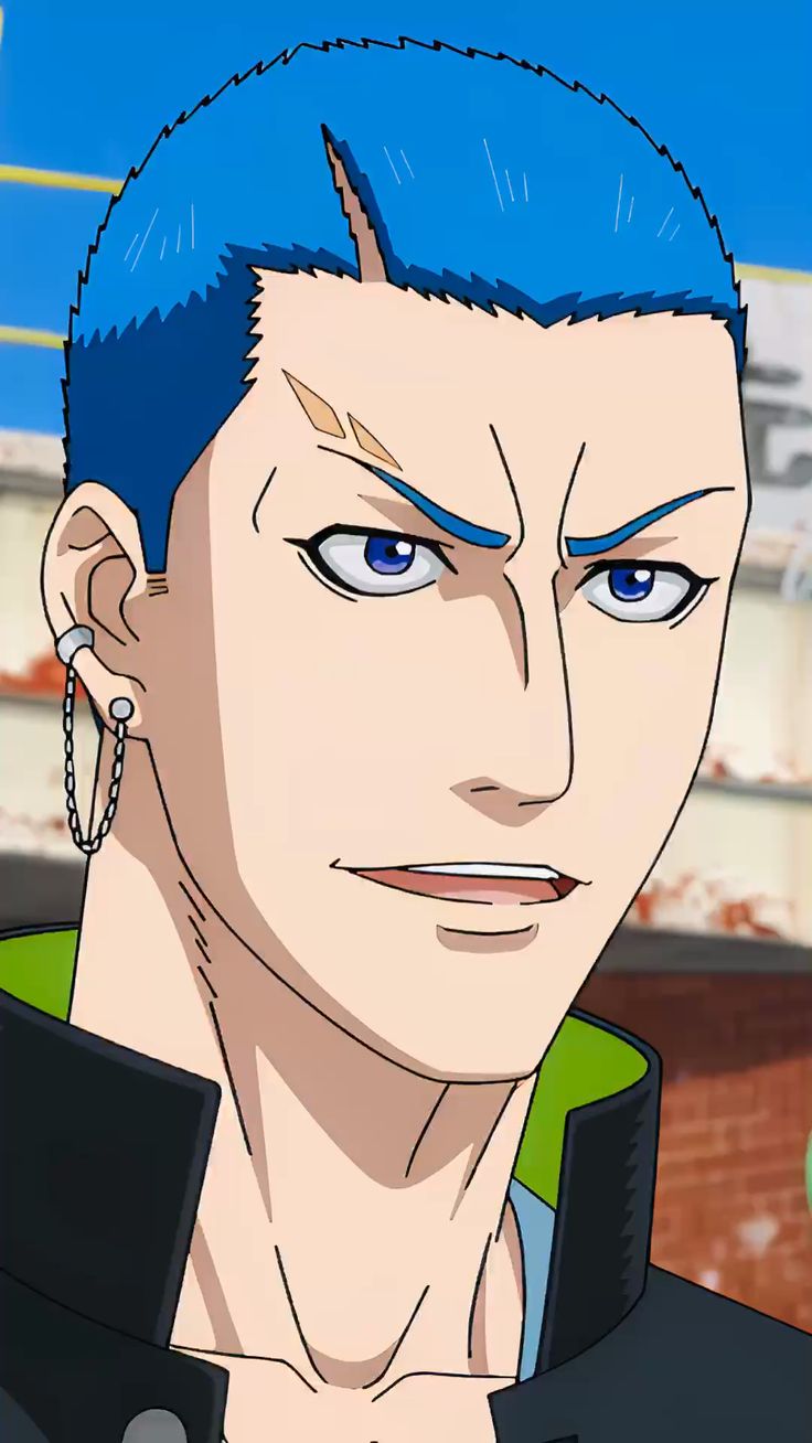 a young man with bright blue hair and a serious expression. he has a small, light brown scar above his right eyebrow and is wearing a silver earring with a chain on his left ear. he is wearing a black jacket over a teal shirt. the background suggests he's outdoors, possibly at a schoolyard.  the image is a closeup, focused on his face and upper torso.