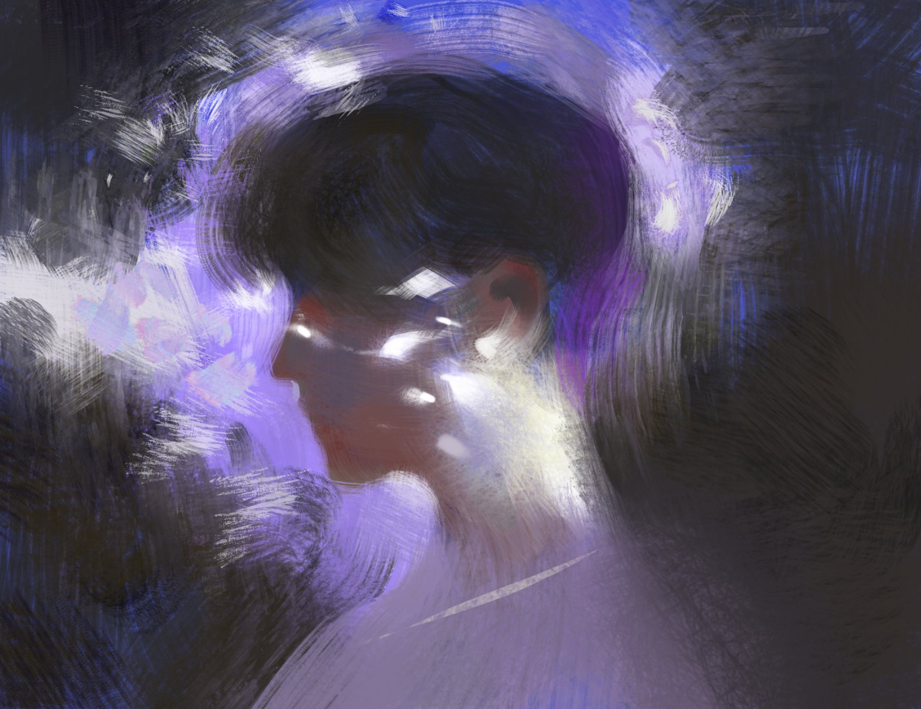 the image is a digital painting depicting the profile of a young person's head and shoulders. the style is highly abstract and impressionistic, with loose brushstrokes and a focus on capturing mood rather than precise detail.  the background is a dark, swirling mix of purples and blues, creating a sense of mystery and depth.  the subject's face is partially obscured by light and dark areas, giving a hazy, ethereal effect.  bright, almost luminous streaks of light seem to emanate from the person's face, contributing to the mystical quality. the overall feeling is one of dreaminess and introspection.