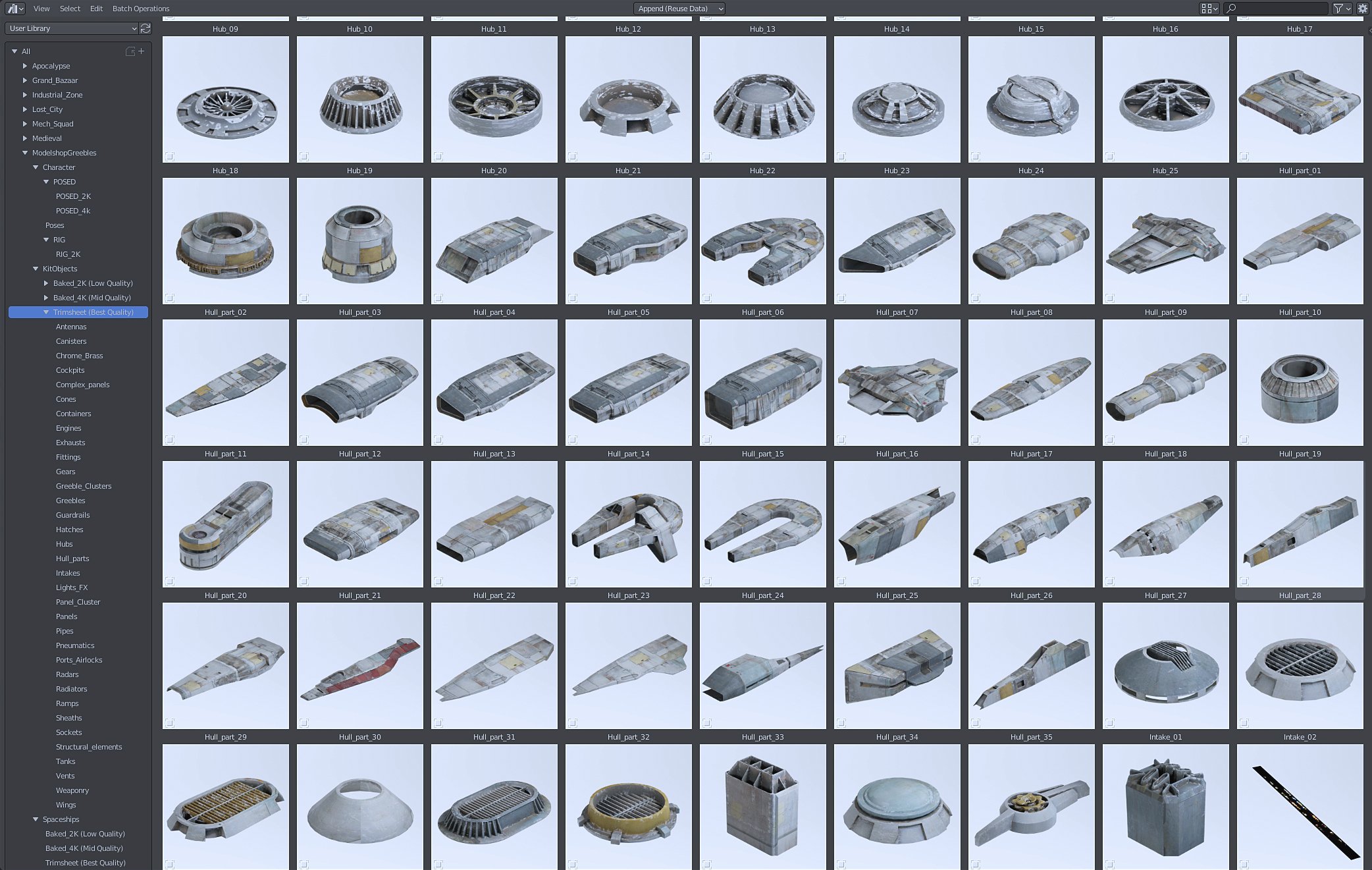 the image shows a screen capture of a 3d modeling software's asset library.  the library is organized into categories (e.g., "hull parts," "engines," "cockpits")  and contains numerous 3d models of various spaceship components. these components range from large hull sections and engines to smaller details such as panels, intakes, and greebles.  each model is displayed in a thumbnail with its name and appears to have different levels of detail, texture, and quality (low, mid, high), indicated in the left panel.  the overall aesthetic is industrial and scifi themed with a predominantly grey color palette. the image suggests the assets are ready for use in game development or other 3d projects.