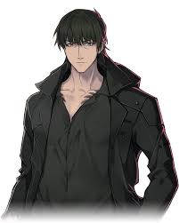 an illustration of an anime male character with black hair and black eyes, wearing a black jacket and a serious expression. he is facing to the side with his head slightly tilted and is looking away from the viewer. the background is white.  the character is drawn in a realistic style. the image conveys a sense of coolness, mystery, and darkness.