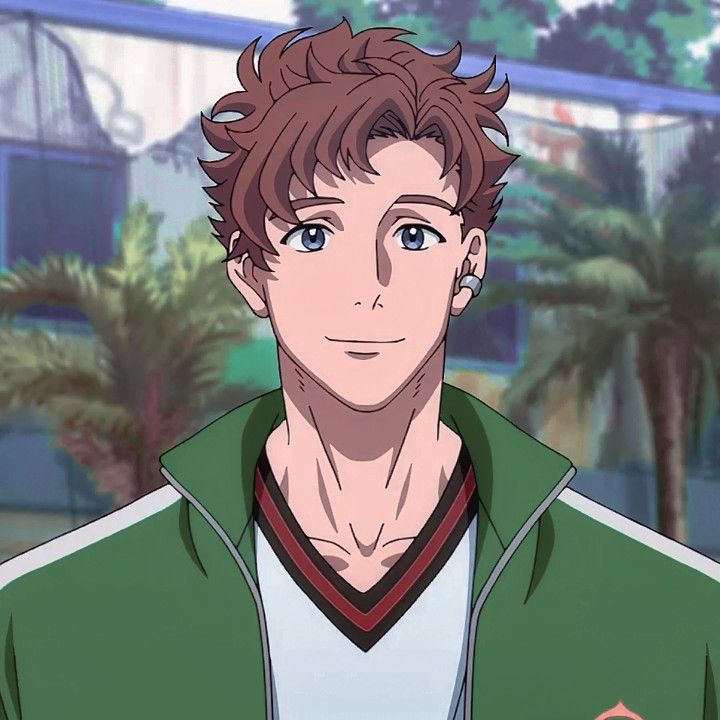 this is a digital illustration of an anime character. the character is a young male with brown hair. he is wearing a green jacket with white stripes and a white shirt with black and red stripes. the character is smiling and appears to be happy and friendly. he is standing in front of a blurred background that shows palm trees and buildings. the background appears to be a street or an outdoor area.