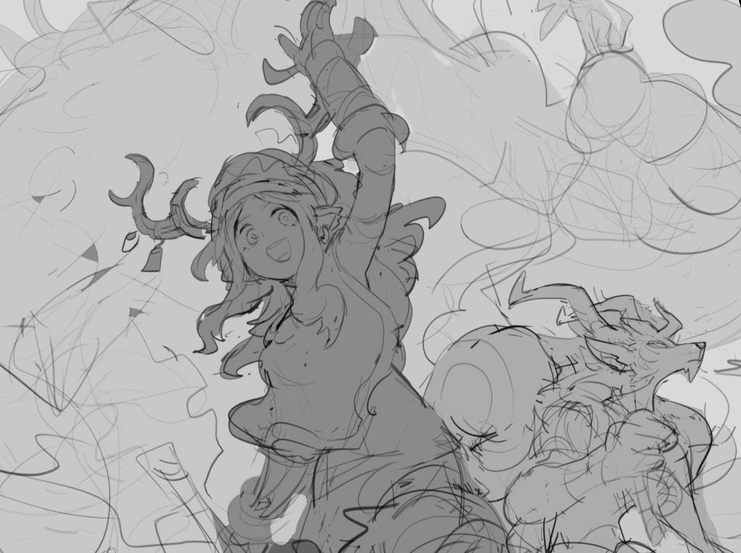 a rough sketch of a girl with antlers and a magical creature. the girl is smiling happily and seems to be riding the creature, which is a furry beast with horns. the drawing is done in grayscale and appears to be an early draft. the background is full of random lines, indicating that the artist was still working on the composition.