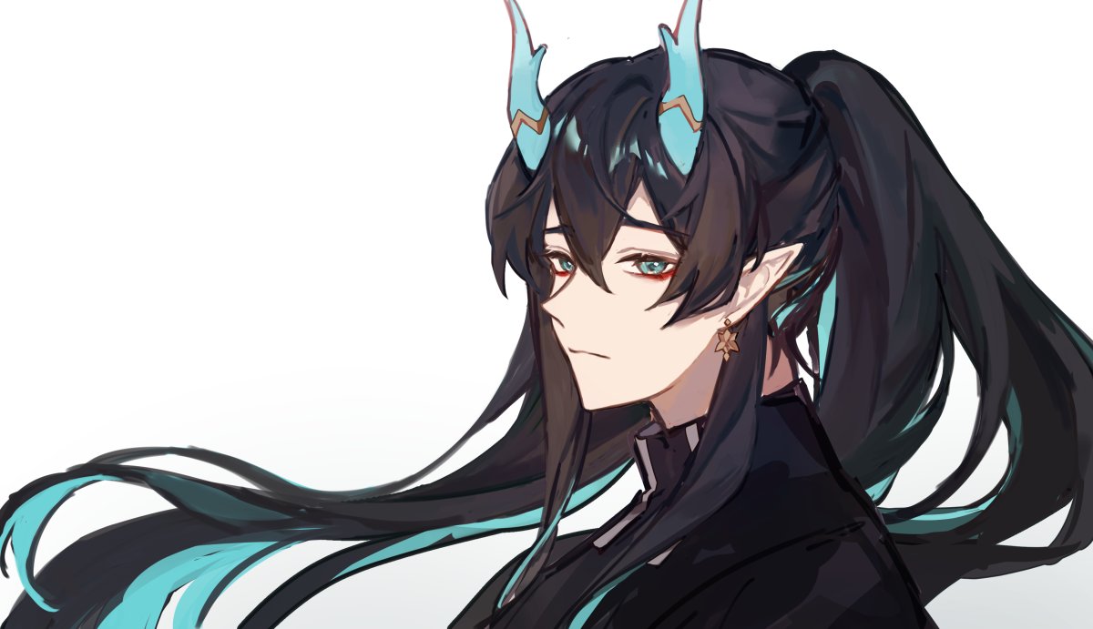 a digital illustration of an anime male character with long black hair with streaks of blue and blue horns. he has piercing blue eyes, red lipstick, and gold earrings. he is wearing a black jacket and staring off to the side. the image has a white background.