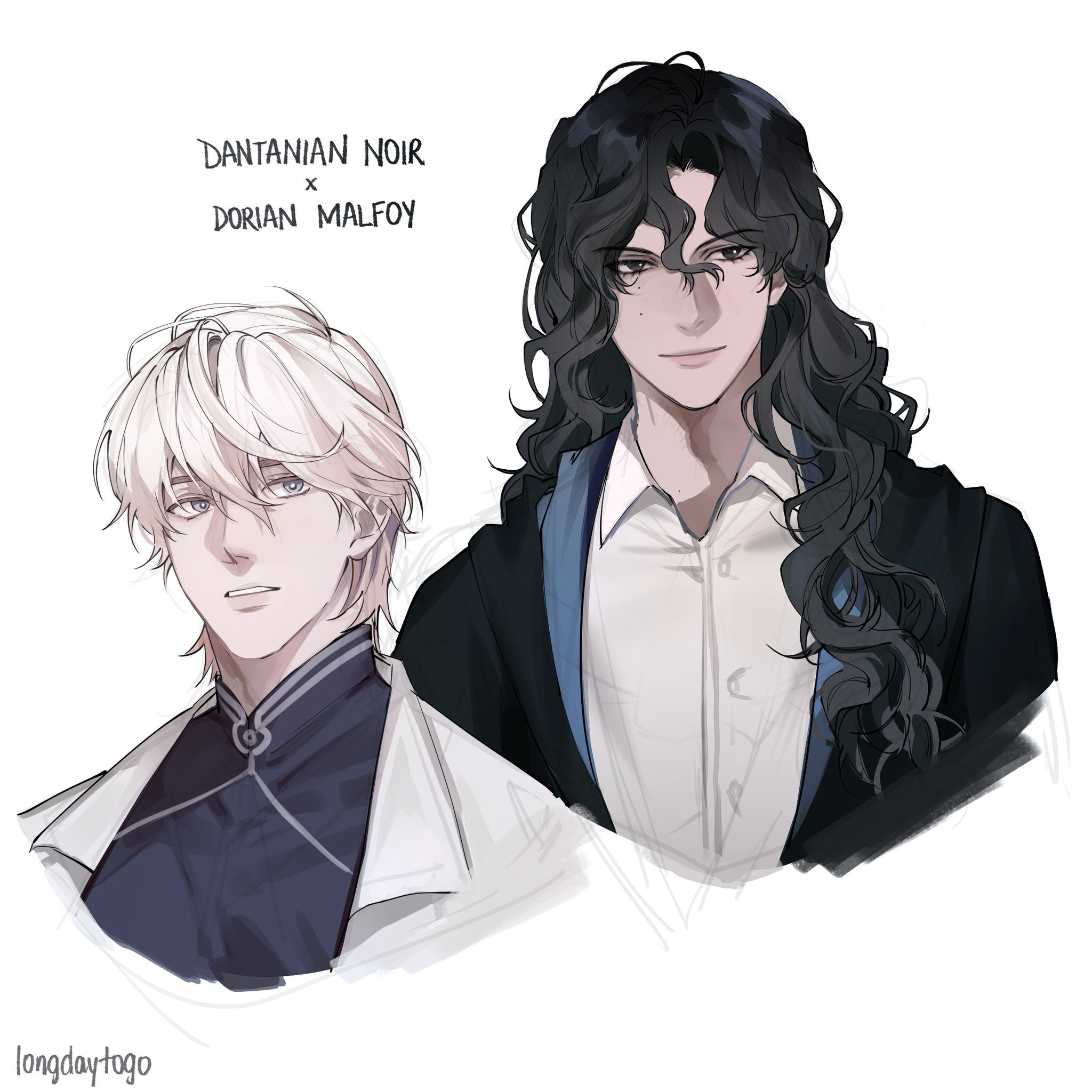 the image is a digital fanart depicting two male characters, styled in a way reminiscent of anime or manga.  the character on the left has short, white hair and is wearing a light gray/white collared outfit. the character on the right possesses long, dark curly hair and is dressed in a darker, more formallooking ensemble, possibly a robe or jacket, with a collared shirt underneath.  the art style is soft, using blending techniques and a mostly grayscale palette, enhancing a romantic or intimate feel. the text "dantanian noir x dorian malfoy" indicates these are likely characters from a specific fandom, suggesting a ship or pairing between them. the overall aesthetic is sleek and evocative.