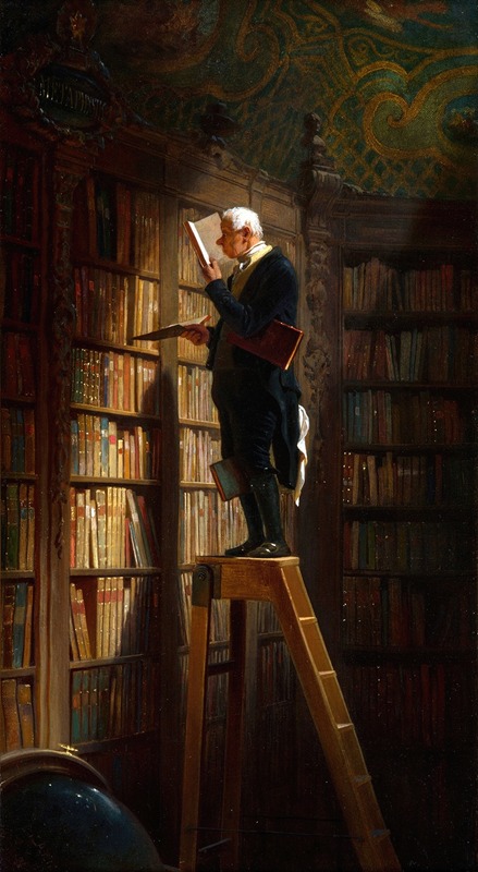 a painting shows a man standing on a ladder in a library, reading a book. he is surrounded by tall bookshelves filled with books. there is a globe in the bottom left corner of the painting. the style of the painting suggests that it is an old, historical piece of art.