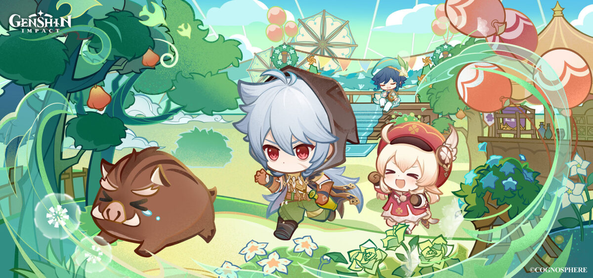 this is a cute illustration of chibi characters from the game genshin impact.  there is a boy with white hair and red eyes, and a girl with blonde hair and blue eyes.  they are both smiling and running through a park.  there are trees, flowers, balloons, and a ferris wheel in the background.  there is also a  boar that is sad.  the overall tone of the illustration is happy and cheerful.