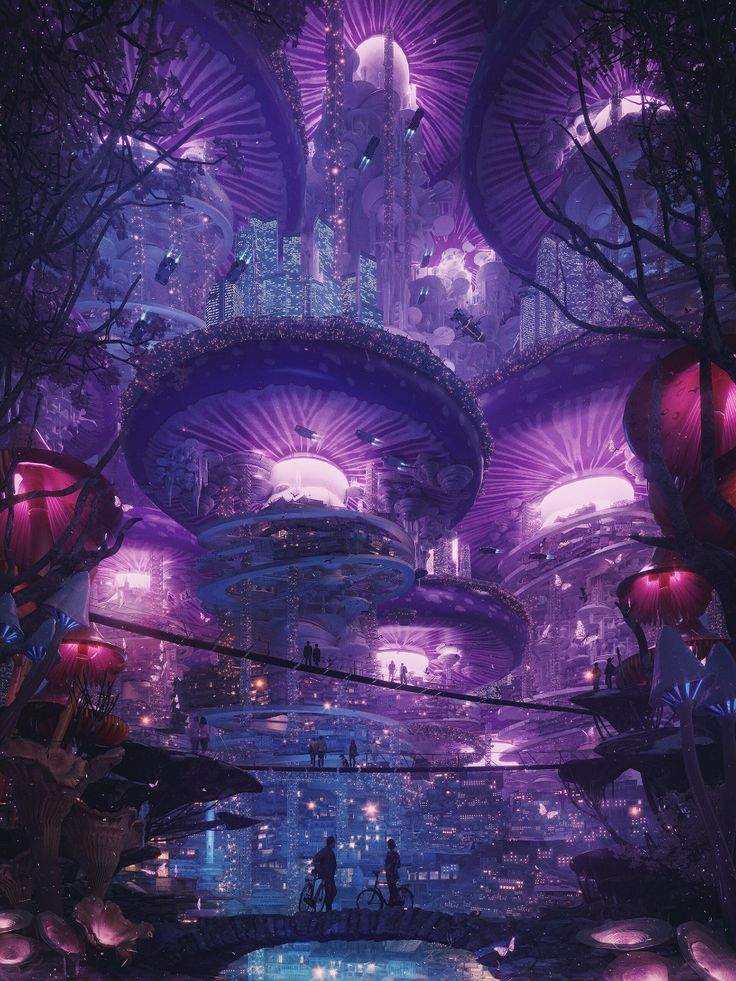 the image portrays a futuristic city built among giant, purple mushrooms. people are walking on walkways and standing on a bridge with bicycles. the city has a dense skyline with tall buildings and flying vehicles. the environment is lit with a mix of neon and glowing lights. trees are visible in the foreground, and a stream flows under the bridge.