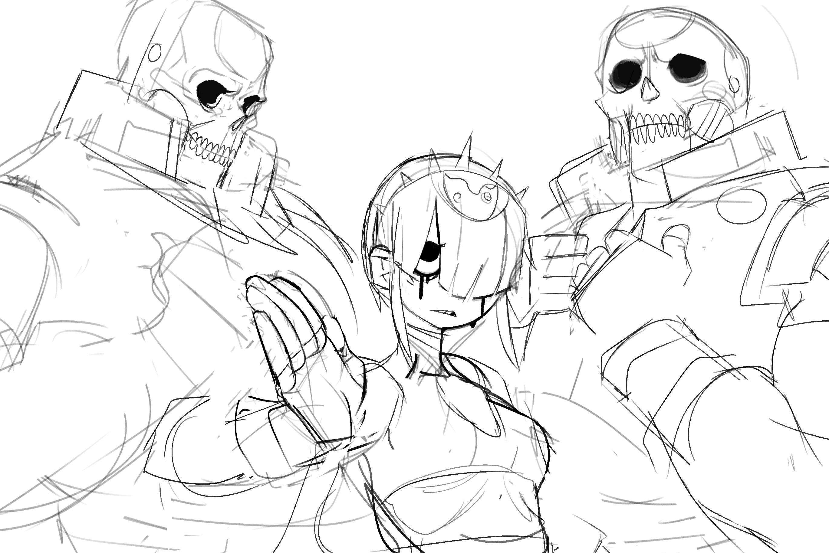 a black and white line art drawing of three characters. two of them are skeletal figures wearing armor, one of whom is holding the third character, a young woman, by the arm and leading her toward the other skeletal figure. all characters are looking to the right of the frame. the drawing is done in a rough, unfinished style.