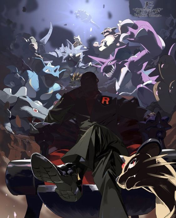 the image depicts giovanni, the leader of team rocket, sitting on a stone throne. he is surrounded by his powerful groundtype pokemon, including nidoking, nidoqueen, rhydon, dugtrio, and persian. the scene is dark and dramatic, with a spotlight shining on giovanni and his pokemon. the low angle perspective emphasizes giovanni's power and dominance.