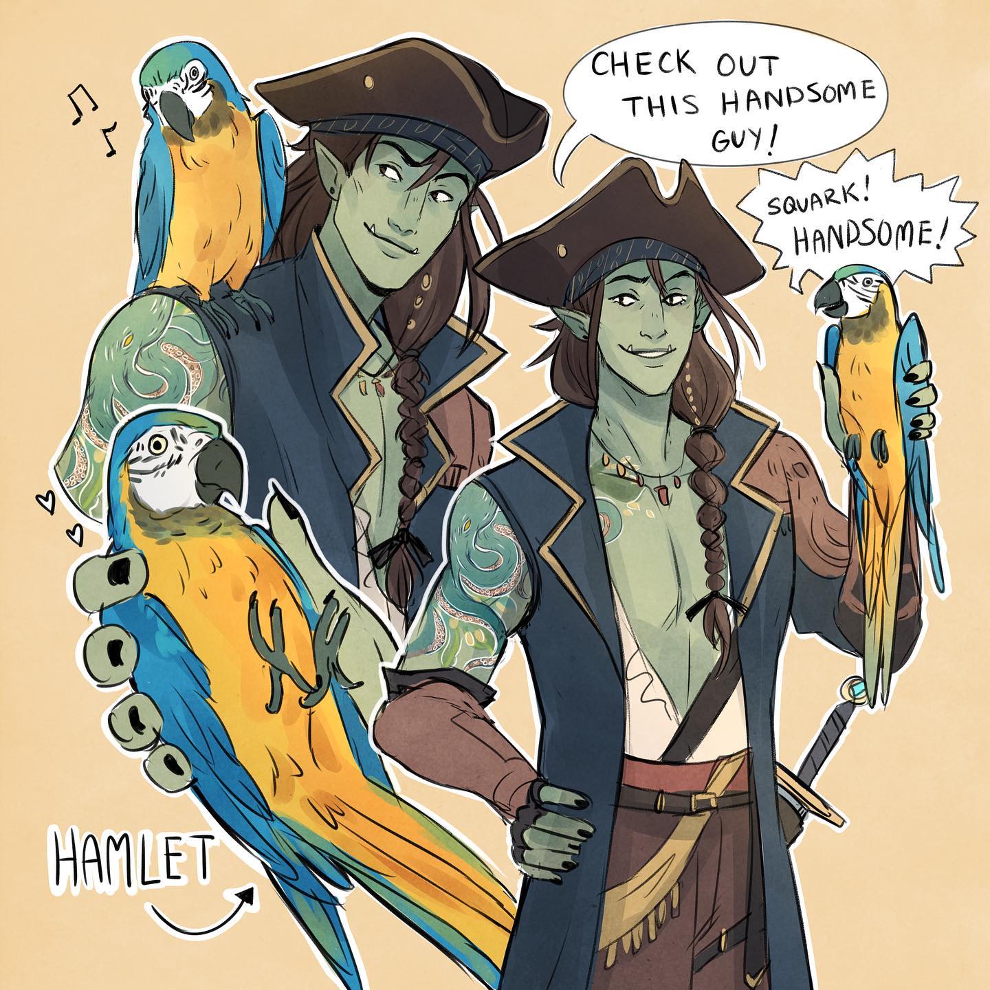 he image shows a digital painting of two greenskinned humanoid pirate characters, possibly goblins or orcs,  each holding a vibrant blue and yellow macaw. one pirate is slightly taller and wearing a darker blue coat than the other. they both have braided hair and intricate tattoos on their arms. one of the parrots is labeled "hamlet." speech bubbles indicate that one character is being admired for his handsomeness. the style is cartoonish and whimsical, with a light and humorous tone.  the background is a muted beige.