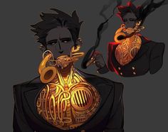 a stylized male character is depicted with a steampunk, musical aesthetic. he has short, dark hair and piercing eyes, and he's holding a pipe in one hand. the most striking feature is his chest, which appears to be partially made of glowing, intricate brass instruments, resembling a trumpet and other brass elements.  he's set against a dark background with suggestive smoke tendrils, adding to the dramatic and somewhat mysterious atmosphere.
