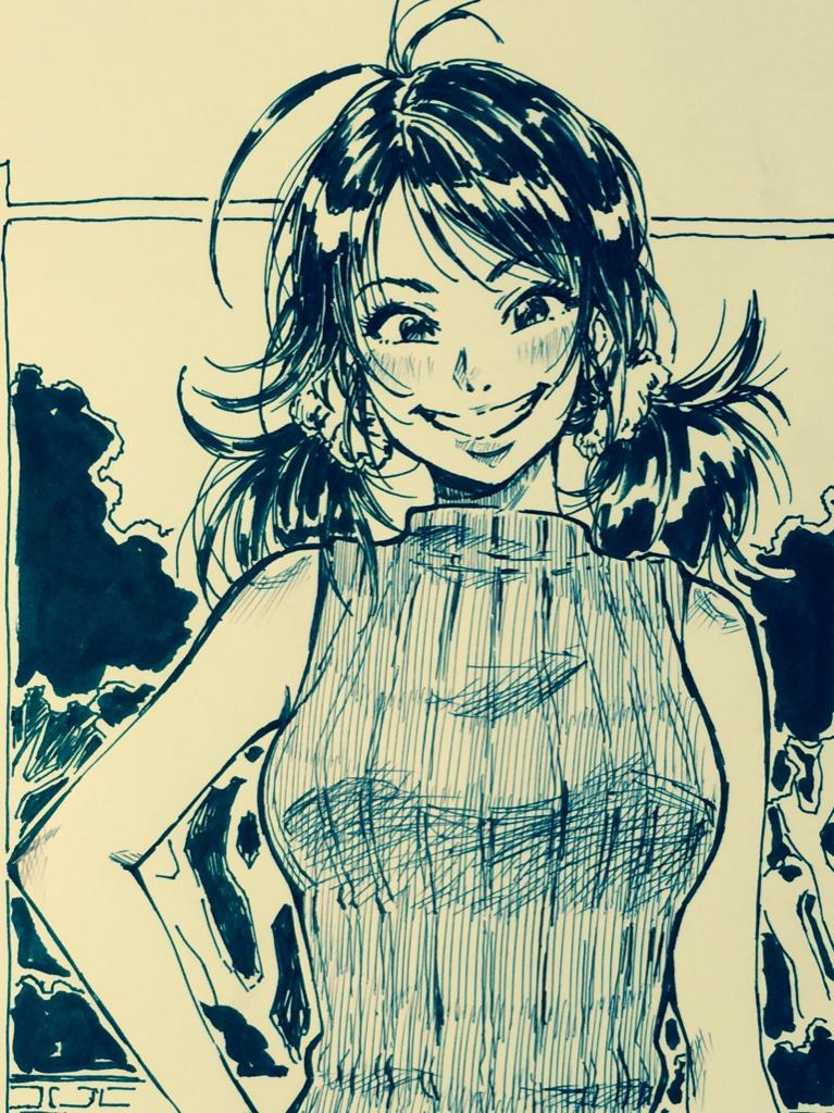 a black and white sketch of a young woman. she is smiling and looking at the viewer with a confident and happy expression. the drawing style emphasizes line work and hatching for shading. she has shoulder length hair with bangs and pigtails, and is wearing a sleeveless turtleneck top.  the background suggests an indoor setting.