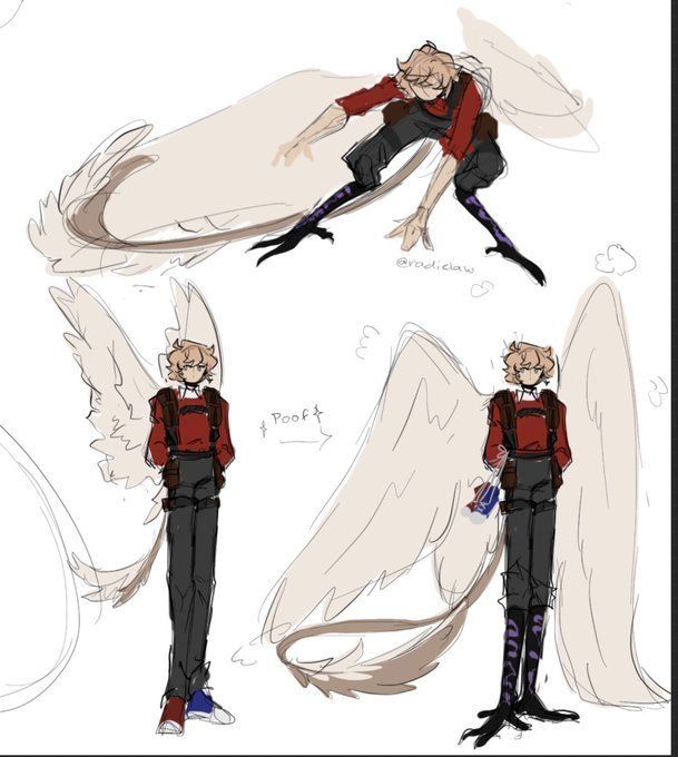 the image shows a sketch of a character with birdlike features. the character has blonde hair, wears a red shirt and black pants, and has large wings, a long tail with featherlike details, and bird legs with clawed feet. the sketch includes three different poses of the character.