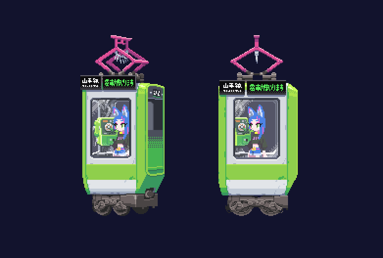 this is a pixel art image of a green and white train with a conductor in the front window. the conductor is an anime girl with blue hair and a pink bow. the train is on a platform, and the background is a dark blue. the image is from a video game.