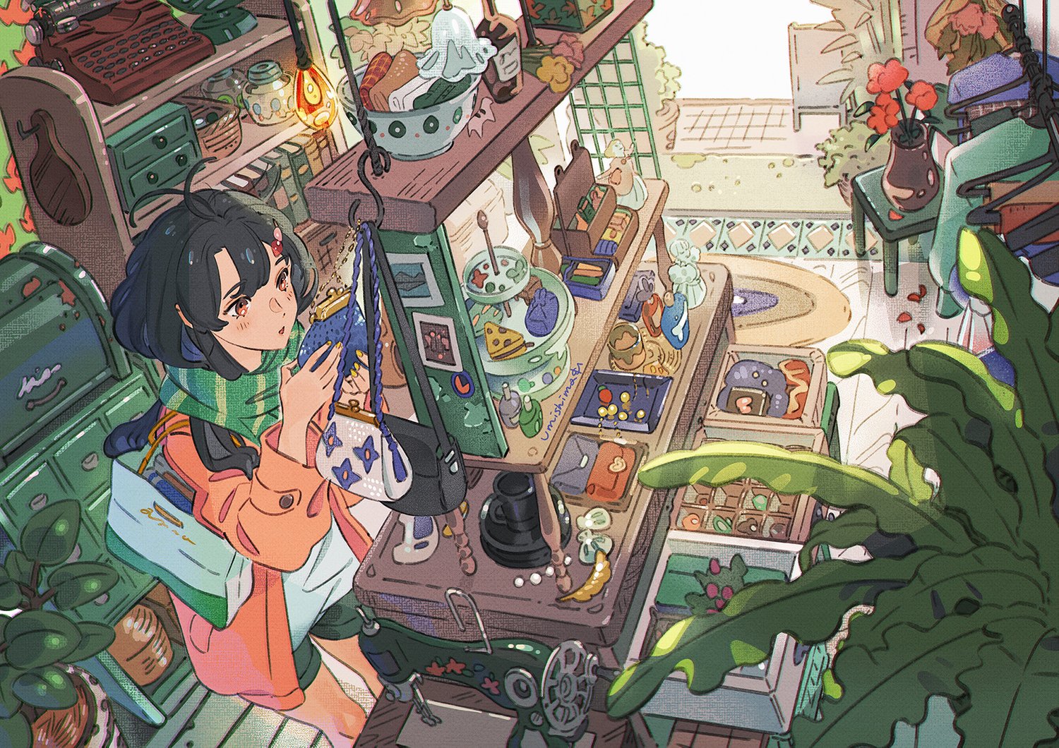 the illustration depicts a young animestyle girl with dark hair and an orange jacket standing in a charming, cluttered shop filled with vintage and antique items. the shop is overflowing with various objects, including a typewriter, shelves packed with items, plants, flowers, and a sewing machine.  the girl is looking at a purse, seemingly selecting accessories. the overall style is whimsical and detailed, with warm lighting and a cozy atmosphere. the scene is brightly lit, suggesting sunlight coming in from an open space in the background. the color palette is vibrant yet muted, creating a harmonious and magical feel. the image has a fairytalelike quality with its abundant detail and cluttered yet organized setting.
