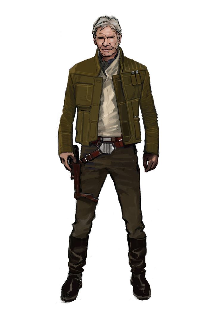 a digital drawing of han solo in a green jacket, brown trousers and boots. he's holding a blaster in his right hand. he's looking at the viewer with a serious expression.