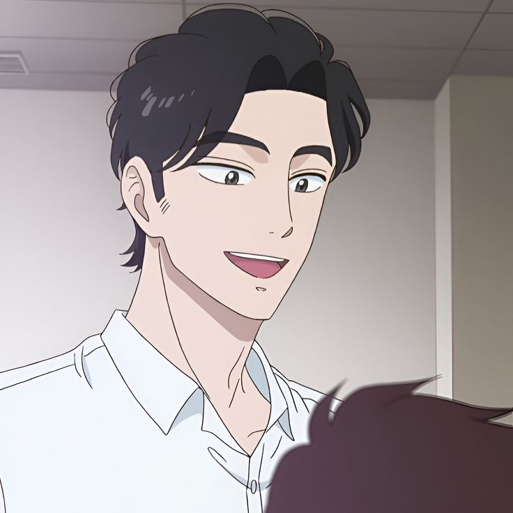 a digital illustration of a man with short black hair and dark eyes. he is wearing a white collared shirt and smiling. he is positioned slightly to the left, offering a side profile. the background is a simple, pale gray wall.  the scene is brightly lit, creating a cheerful ambiance. the art style is reminiscent of manga or webtoon illustrations.