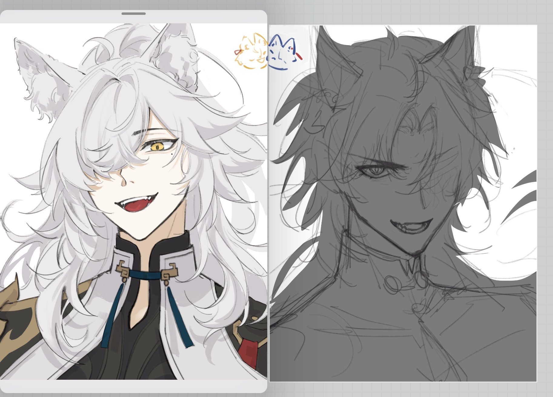 the image shows a digital art illustration of an anime male character. the image is split in half, with the left side showing a finished and colored illustration, and the right side showing a black and white sketch of the same character. the character is a young man with white hair and black eyes, and is wearing a traditional chinese outfit. the character is a wolf hybrid with pointed ears and fur around his neck. he is smirking and shows his fangs. the left side of the image shows the character with bright colors and a detailed background. the right side of the image shows the character in a simpler sketch, with basic colors and only a simple background.