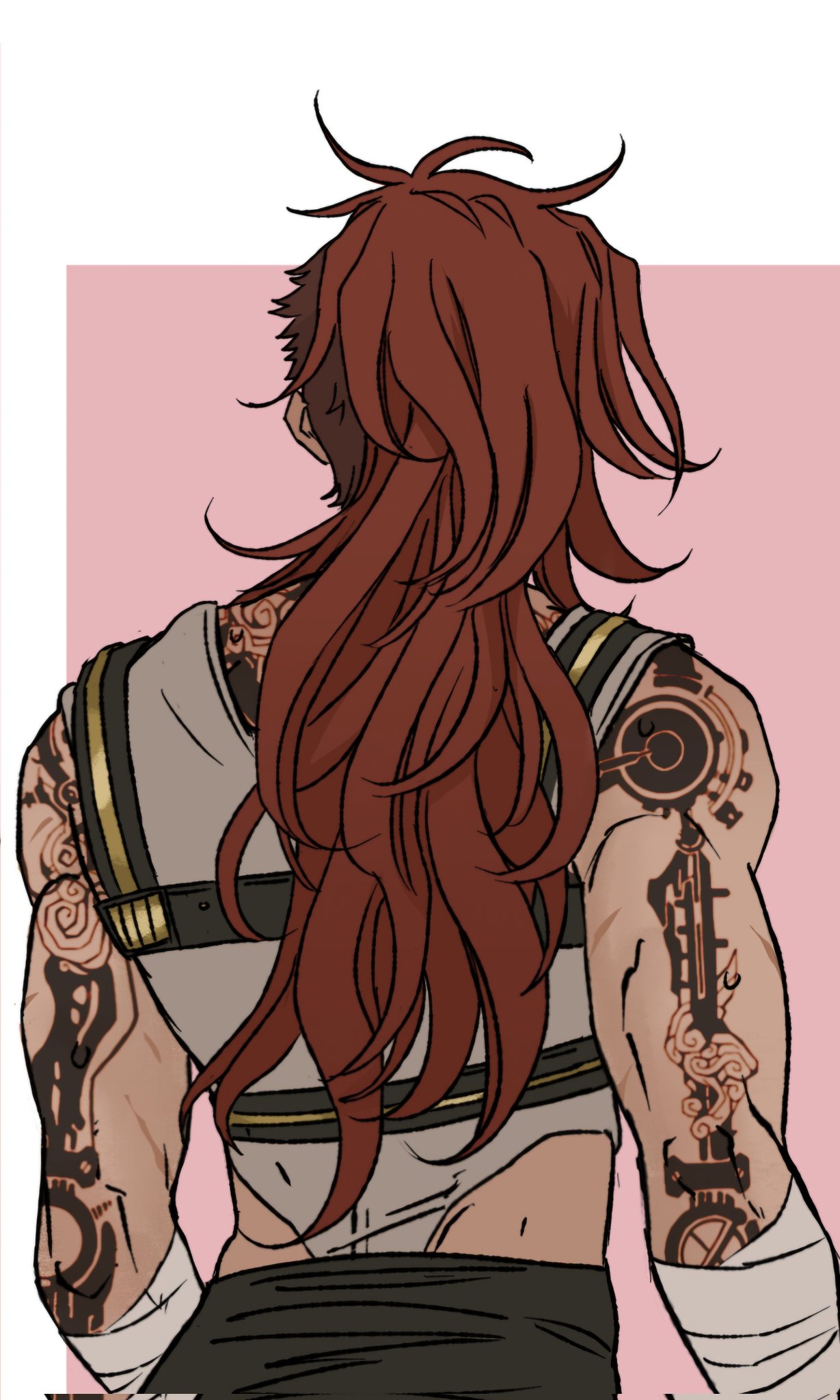illustration from the back of a man with long red hair, tan skin, sleeveless shirt with black and gold trim, covered in gear and steampunk tattoos, bandages on his hands, and a pink background.
