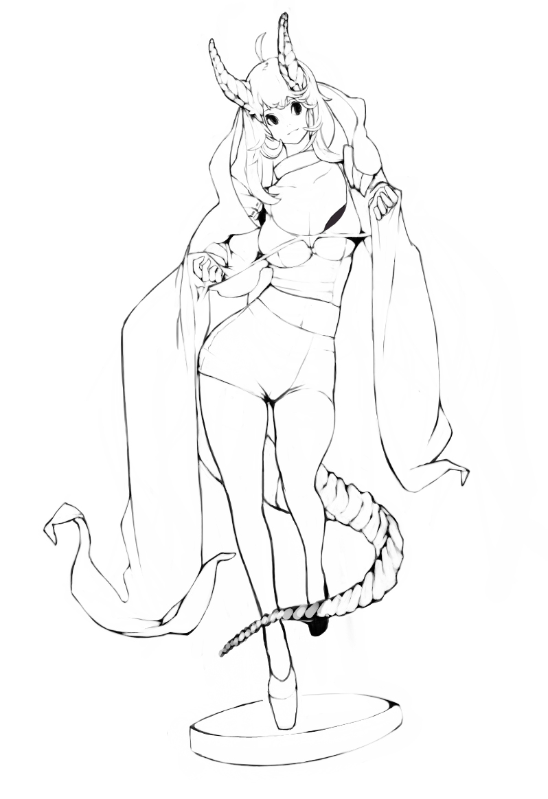 a black and white line art drawing of a demon girl with horns, a long, flowing cape, and a segmented tail. she is posing on a small platform as if she's about to leap off.