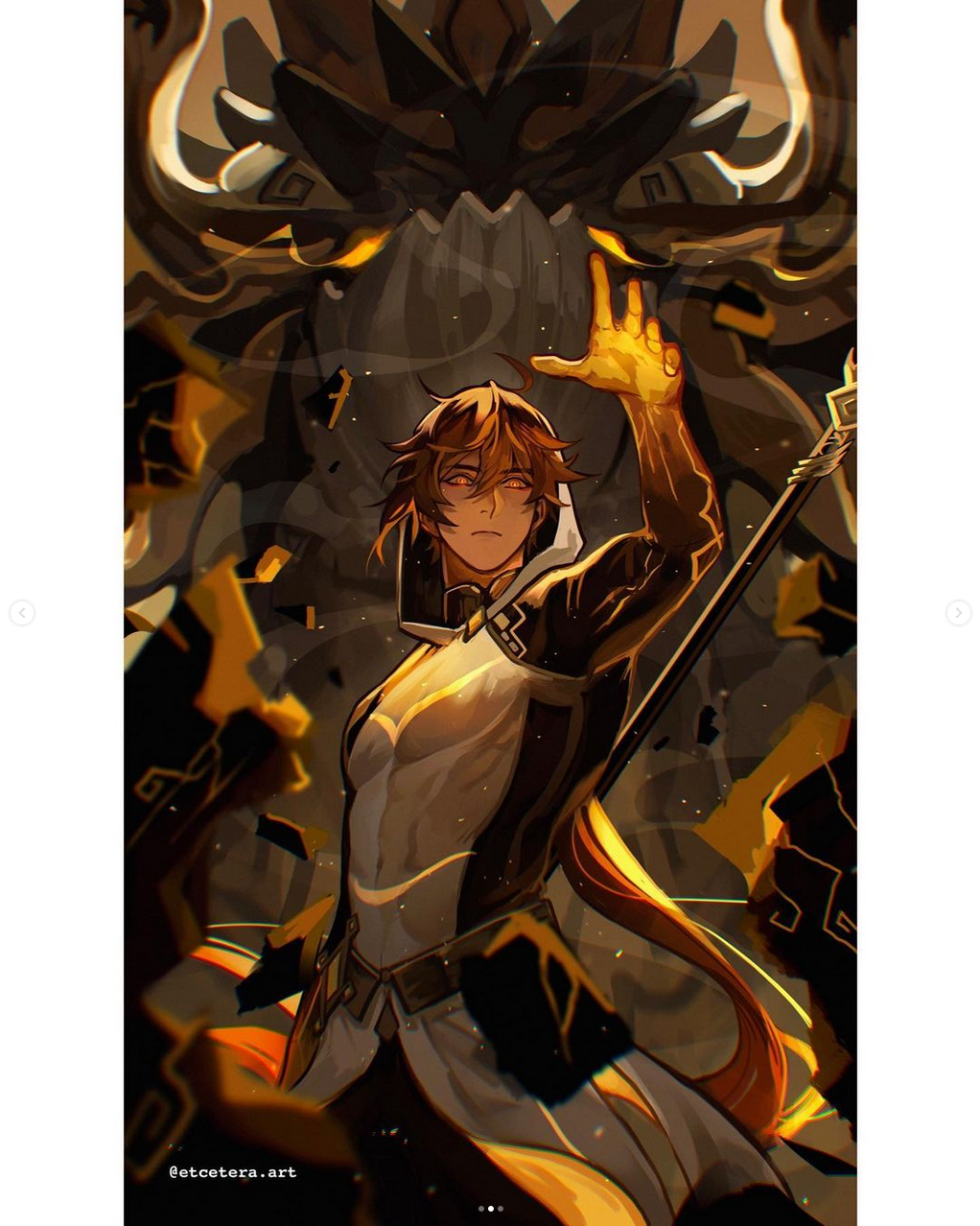 a young man with flowing brown hair and golden eyes stands defiantly amidst shattered rock, his right hand glowing with a powerful energy. he is clad in white and black armor, a polearm resting against his shoulder. behind him, a monstrous figure with glowing yellow eyes looms, partially obscured by smoke and debris. the scene is dramatically lit from behind, creating a sense of action and power.