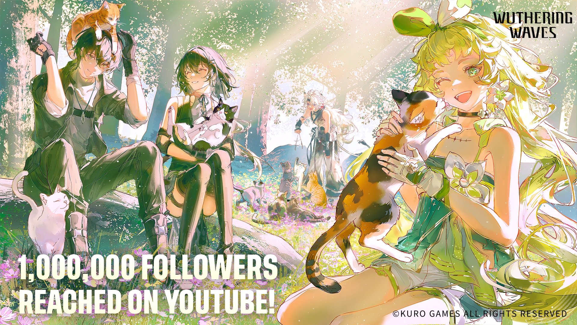 the illustration shows four anime characters in a forest setting, surrounded by cats. the scene is brightly lit, as if on a sunny day. the overall color palette is vibrant and cheerful.  the characters seem to be celebrating, and there's text overlaid on the image that reads "1,000,000 followers reached on youtube!". this suggests the image is celebrating a milestone achievement on the videosharing platform.  the art style is reminiscent of japanese anime, and the presence of cats further adds to the charm of the image.