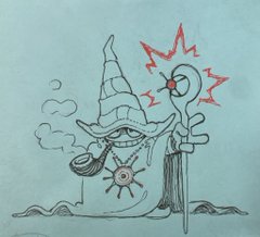 a cartoon drawing of a wizard with a long hat smoking a pipe. he is holding a staff with a spiral on top in his left hand. he has a large grin and a sunlike symbol on his chest. the drawing is done in black and red ink on blue paper. there is a red and orange explosion shape behind the staff.