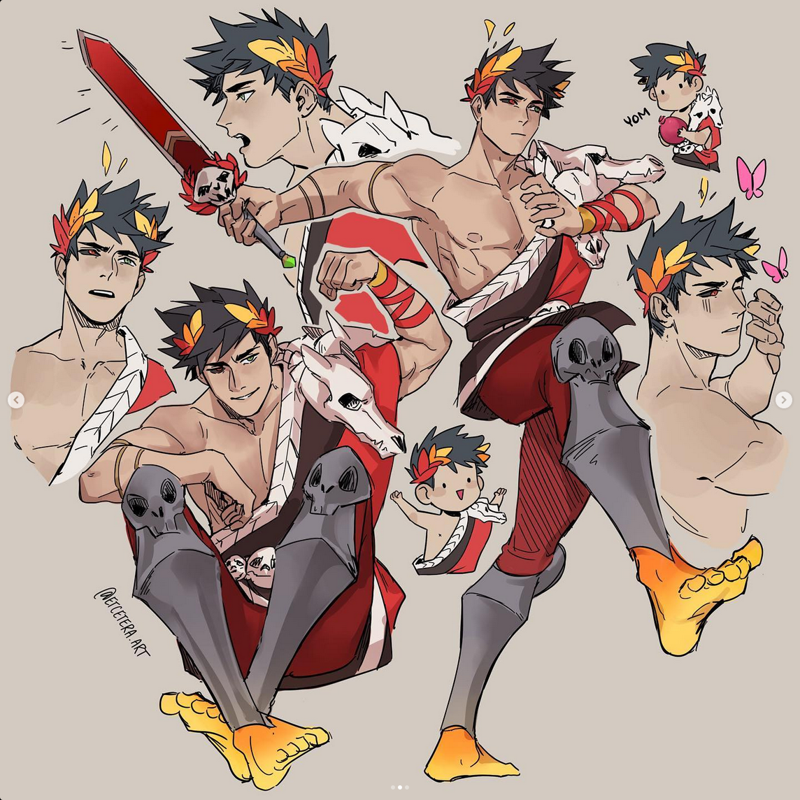 a stylized digital illustration shows multiple drawings of the character zagreus from the video game hades. zagreus, a young man with tan skin and dark hair, is depicted in various dynamic poses. he wears a red chiton and shin guards, a gold laurel wreath, and orange sandals. in several drawings, he interacts with a skulltipped staff. in the upper right corner, a simplified chibi version of the character appears twice: first, throwing up and second, chasing butterflies.